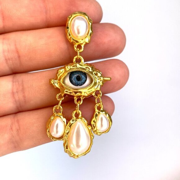 NEW ~ Free People Protective Eye Pearl Dangle Gold Earrings - Picture 6 of 10